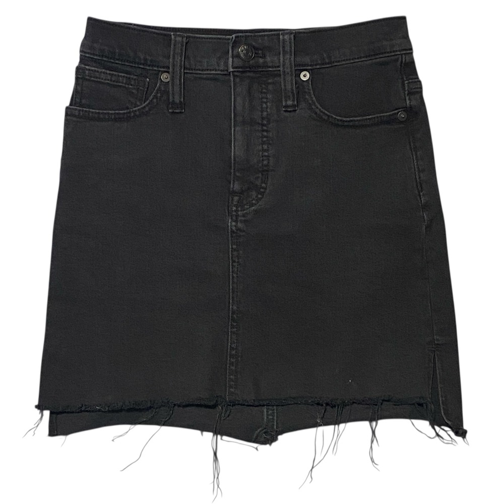 Madewell High Rise Denim Mini Skirt‎ Black Raw Hem Size 23 Side Slit Stepped Hem